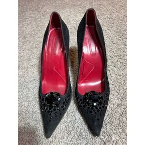 Cesare Paciotti Black Suede Crystal Embellished Pointed Toe Pumps Red Sole 37